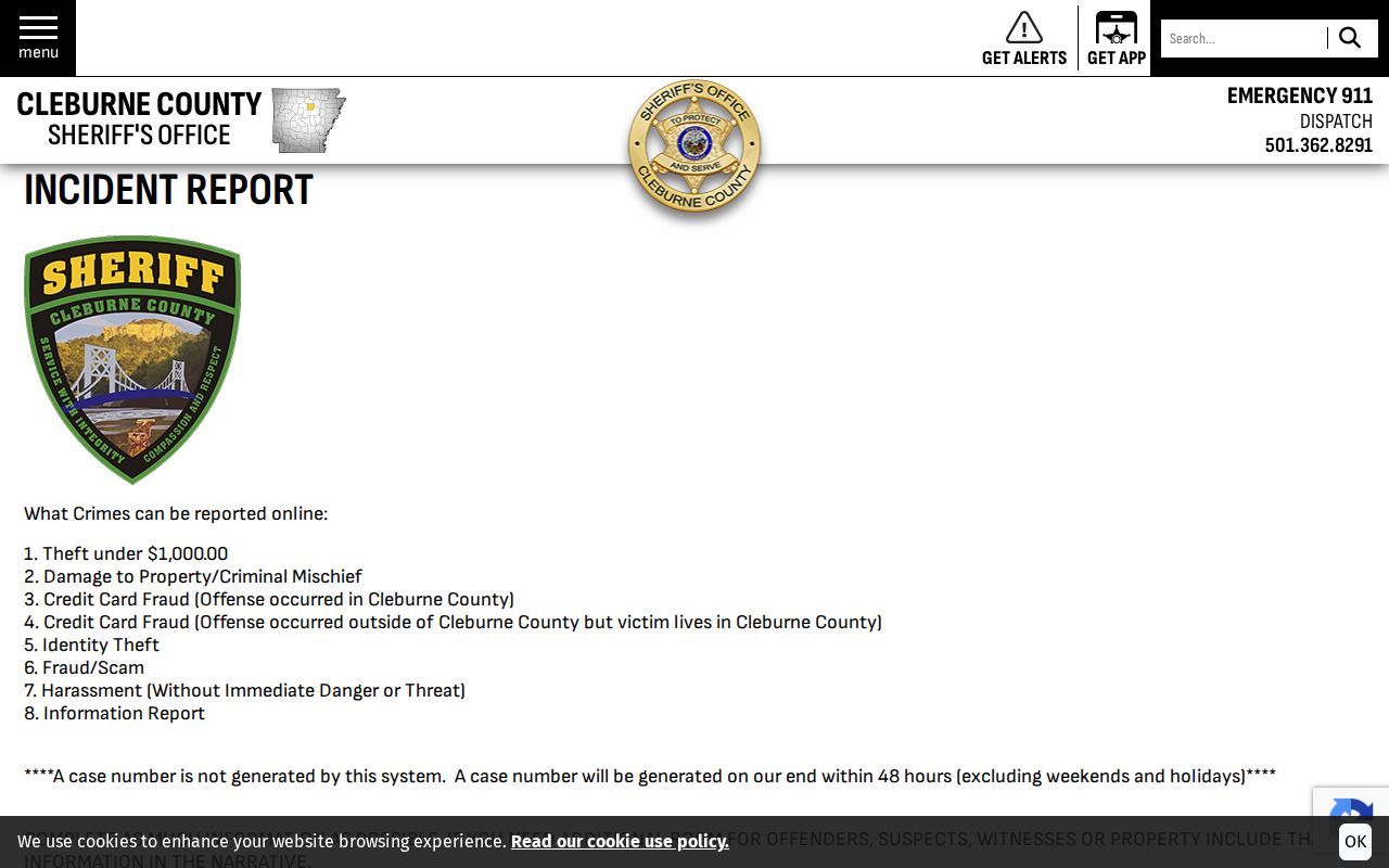 Cleburne County arrest search incident report form